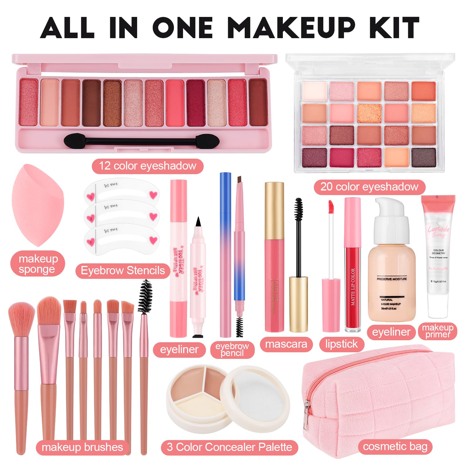 VESPRO beginner cosmetics set displaying the eighteen color eyeshadow palette open with brushes