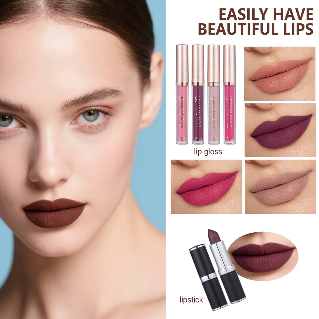 TooAemiS cosmetic gift box packaging surrounded by assorted matte lipsticks and eyeshadow shades.