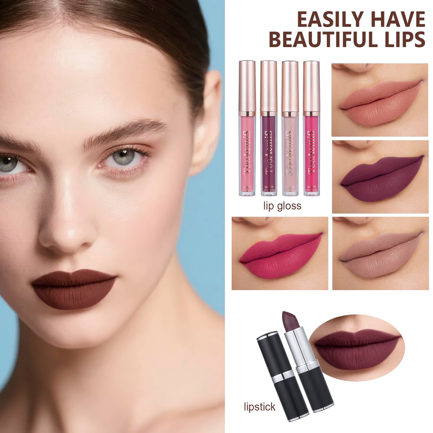 TooAemiS cosmetic gift box packaging surrounded by assorted matte lipsticks and eyeshadow shades.
