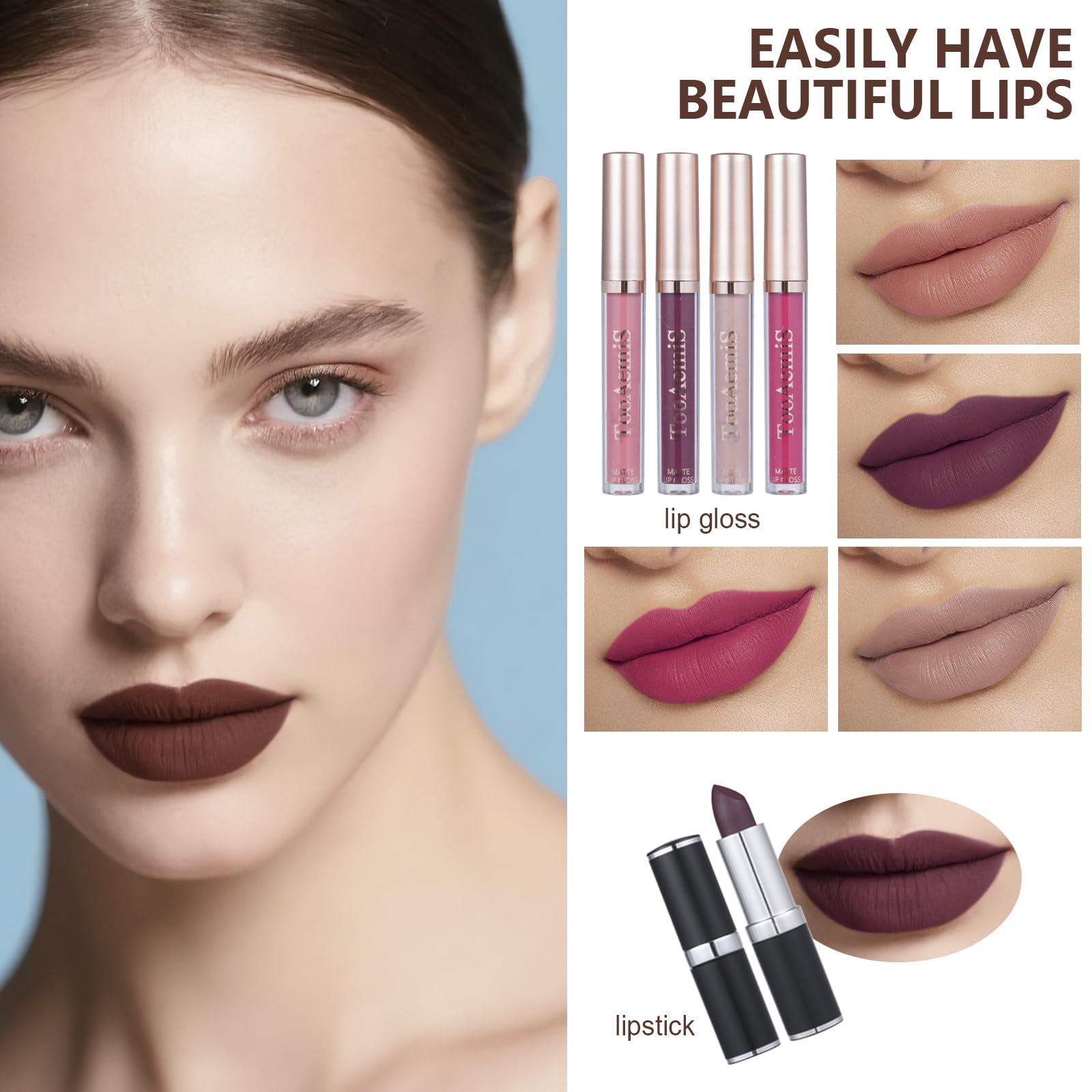 TooAemiS cosmetic gift box packaging surrounded by assorted matte lipsticks and eyeshadow shades.