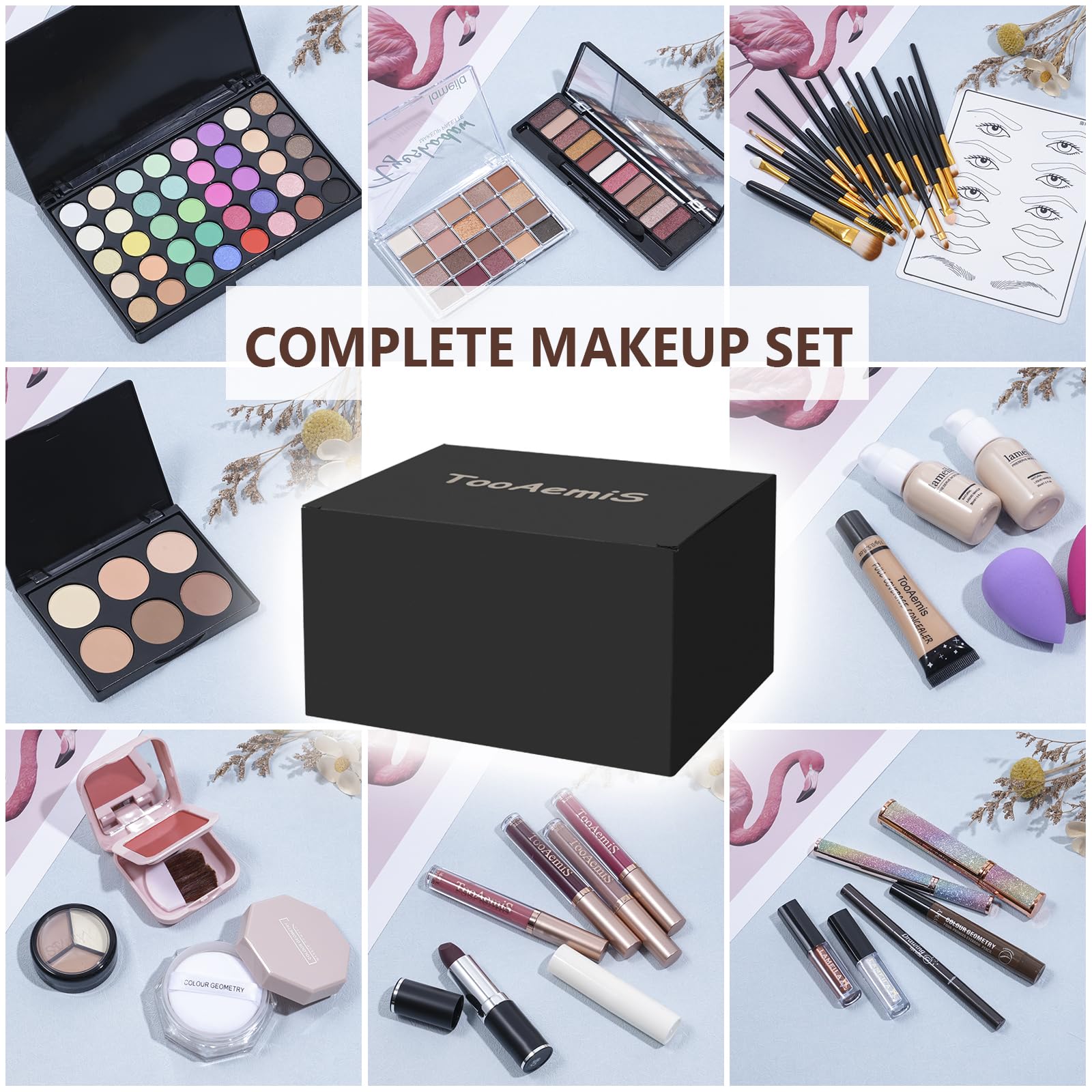 TooAemiS full face makeup kit showing product textures and color variants compatible with all skin tones.