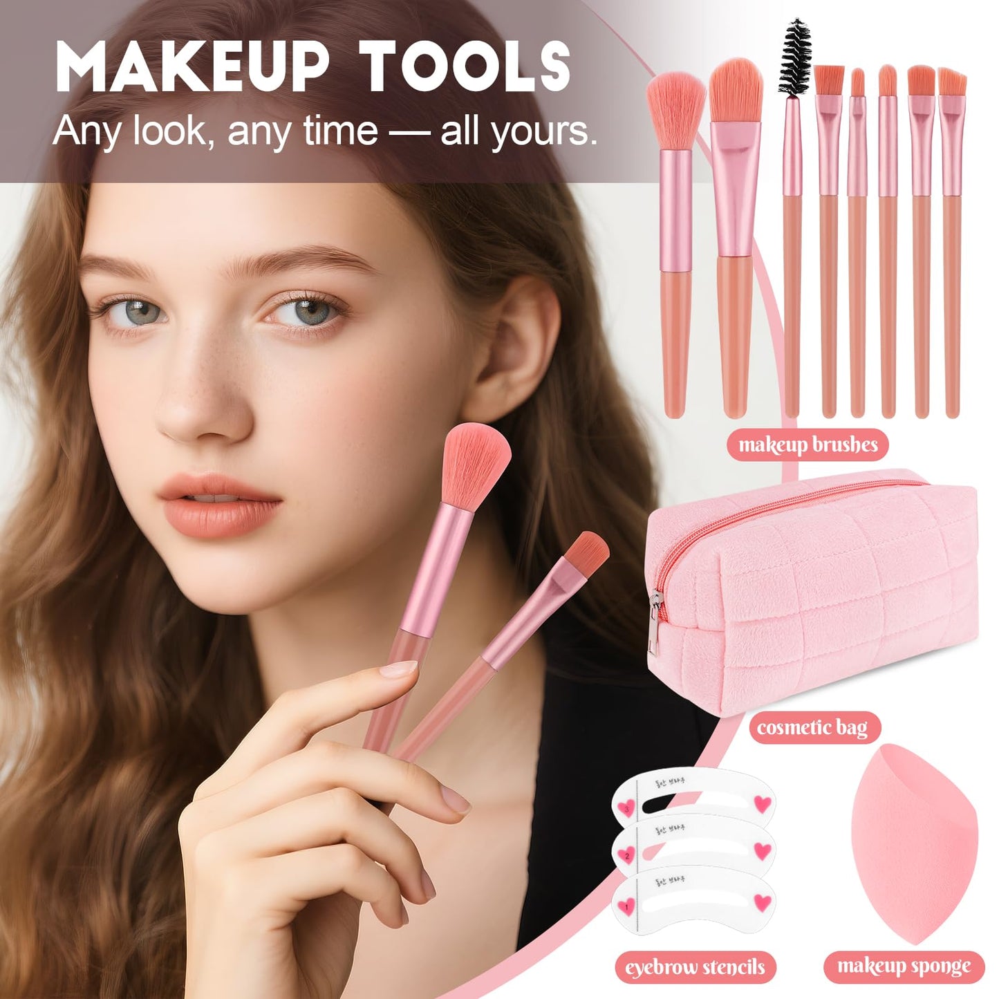 VESPRO travel friendly cosmetic set highlighting the complete assortment of essential makeup brushes