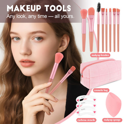 VESPRO travel friendly cosmetic set highlighting the complete assortment of essential makeup brushes