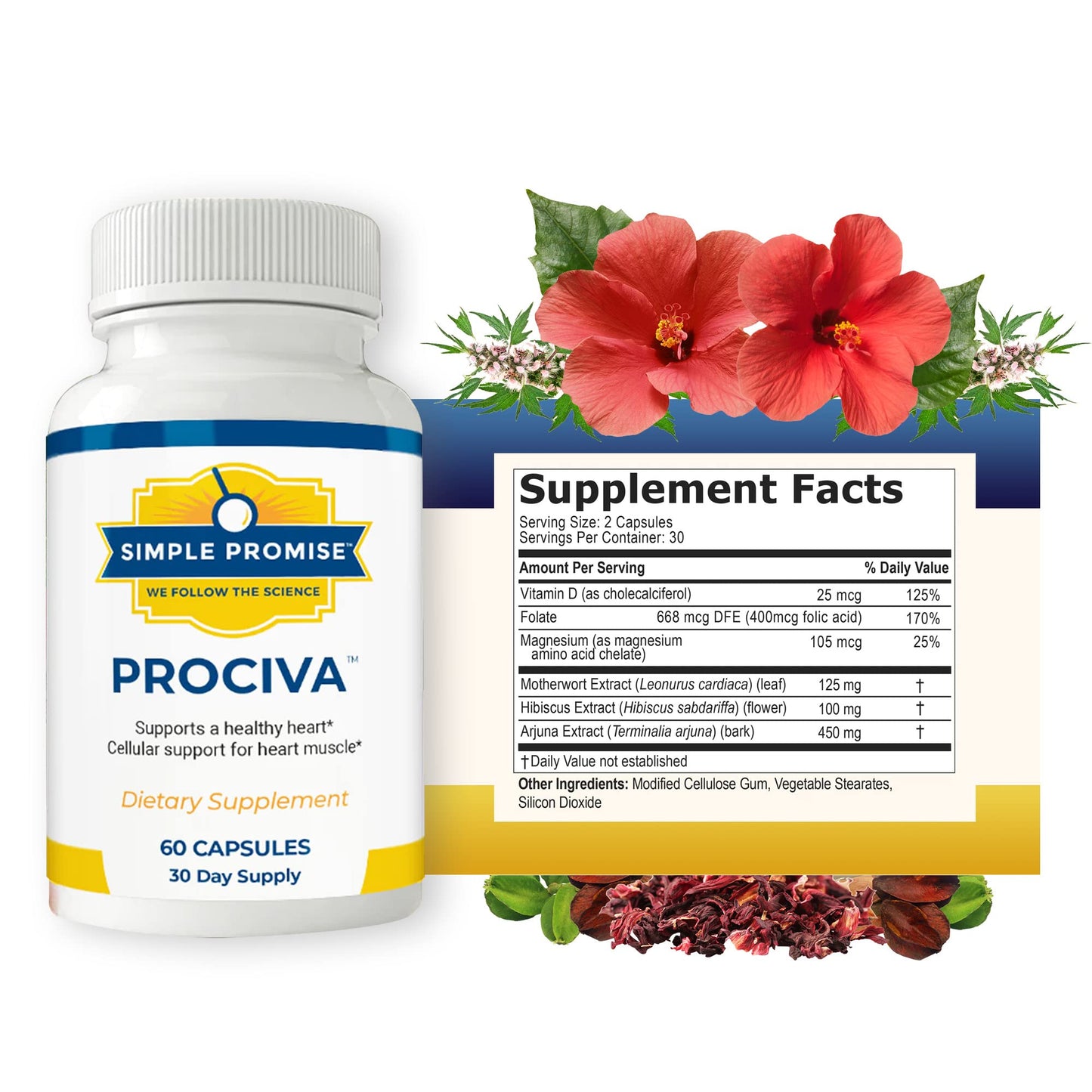 Side view of Simple Promise Prociva cardiovascular supplement bottle showing dietary ingredients and nutritional facts.