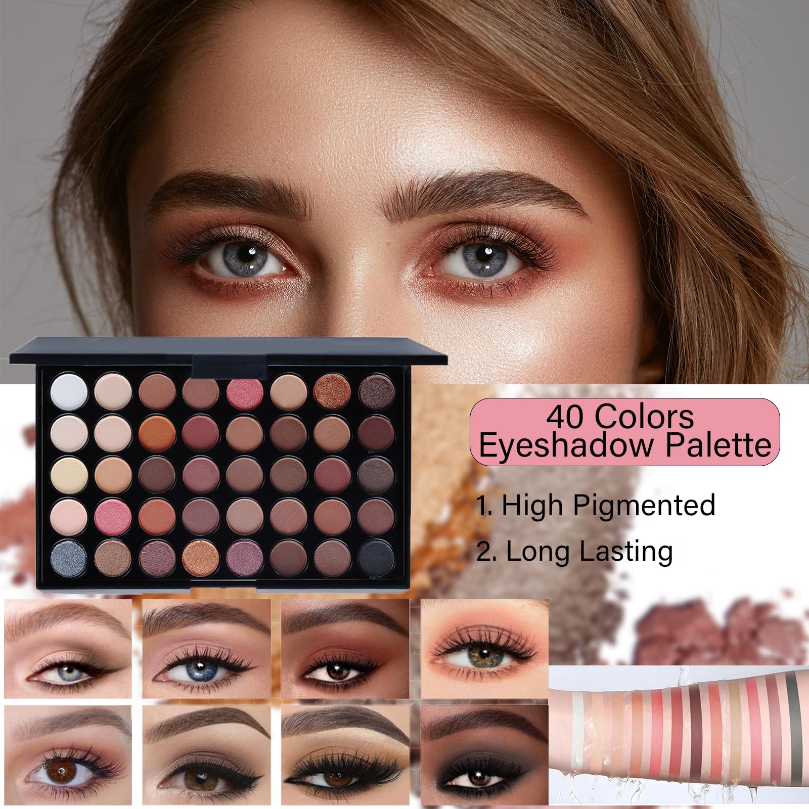 Twelve piece travel makeup set with eyebrow stencils mascara eyeliner and brushes laid out flat