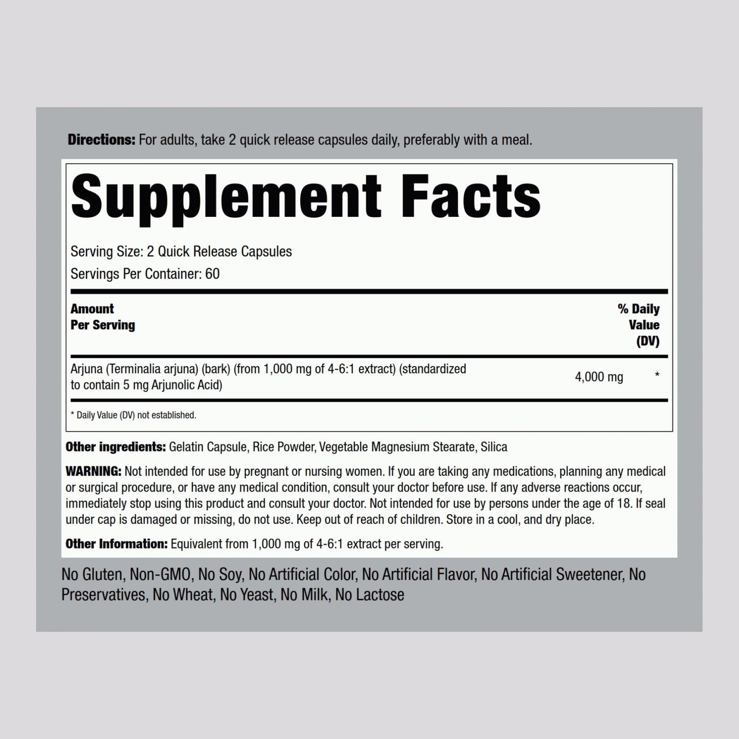 Piping Rock Arjuna supplement facts and ingredient label closeup