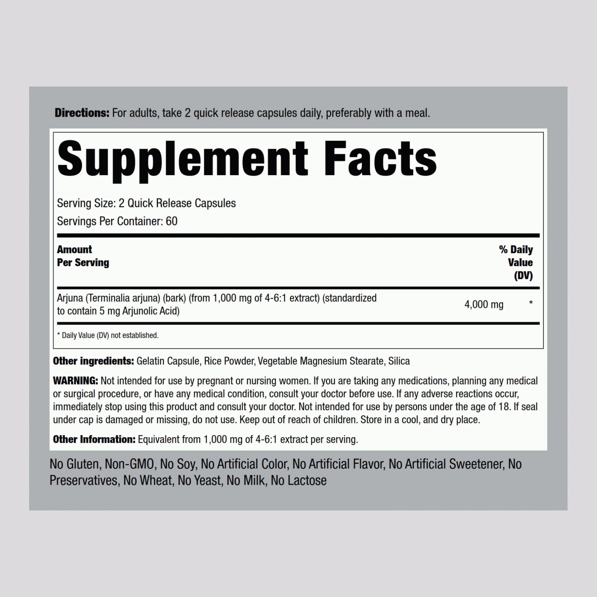 Piping Rock Arjuna supplement facts and ingredient label closeup