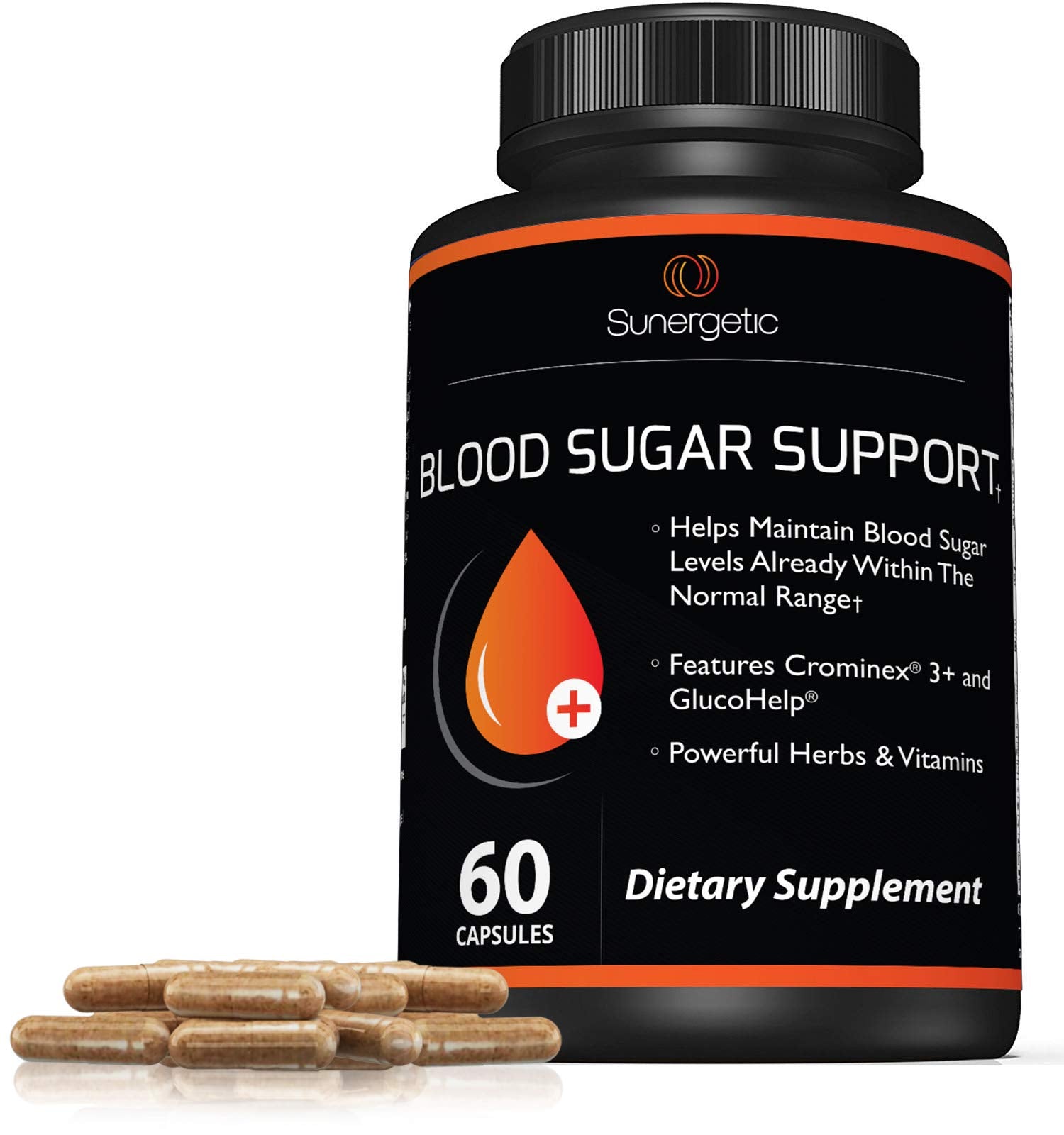 Side view of Sunergetic blood sugar supplement bottle
