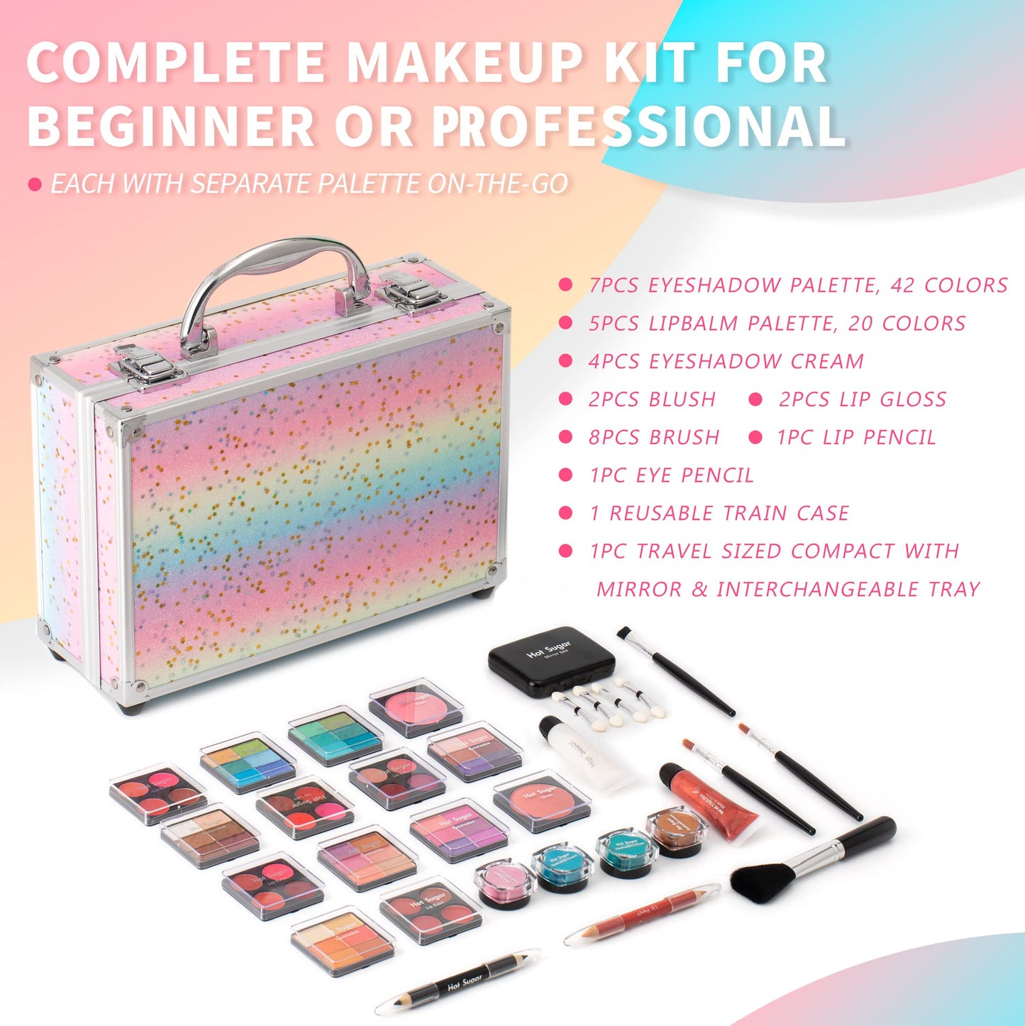 Hot Sugar starter cosmetic kit with included makeup brushes lip pencils and built in mirror