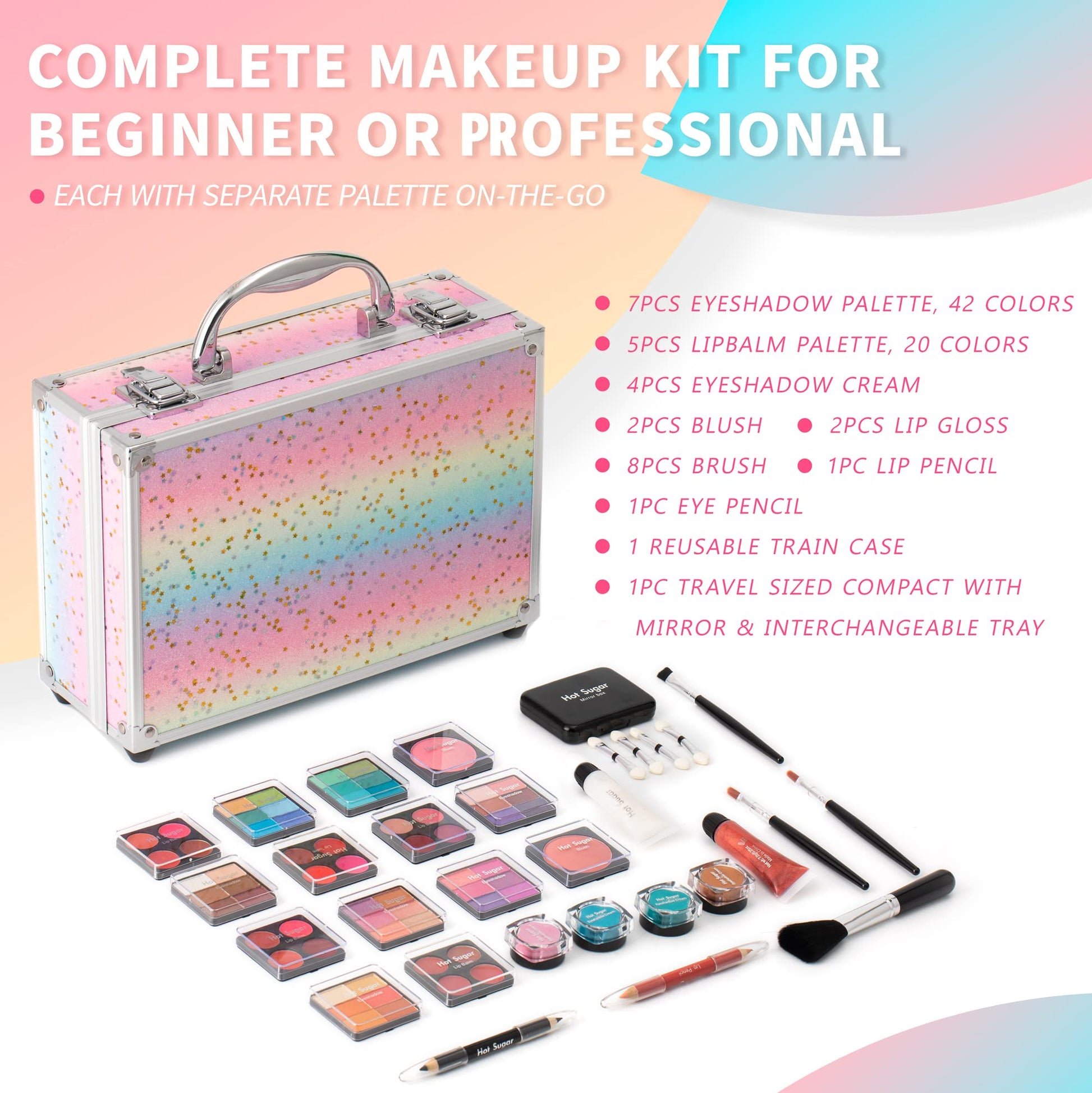 Hot Sugar starter cosmetic kit with included makeup brushes lip pencils and built in mirror