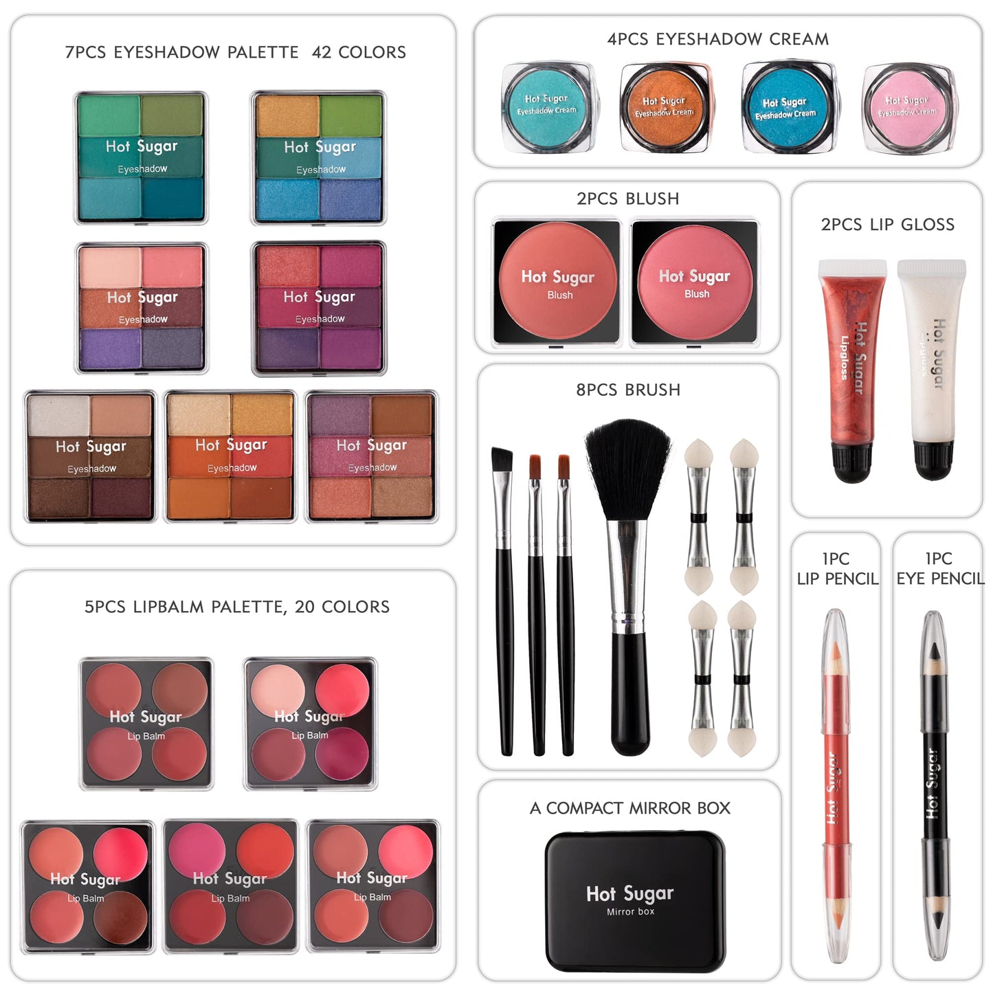 Hot Sugar teenage makeup box showcasing the hypoallergenic eyeshadow shades and face highlighters