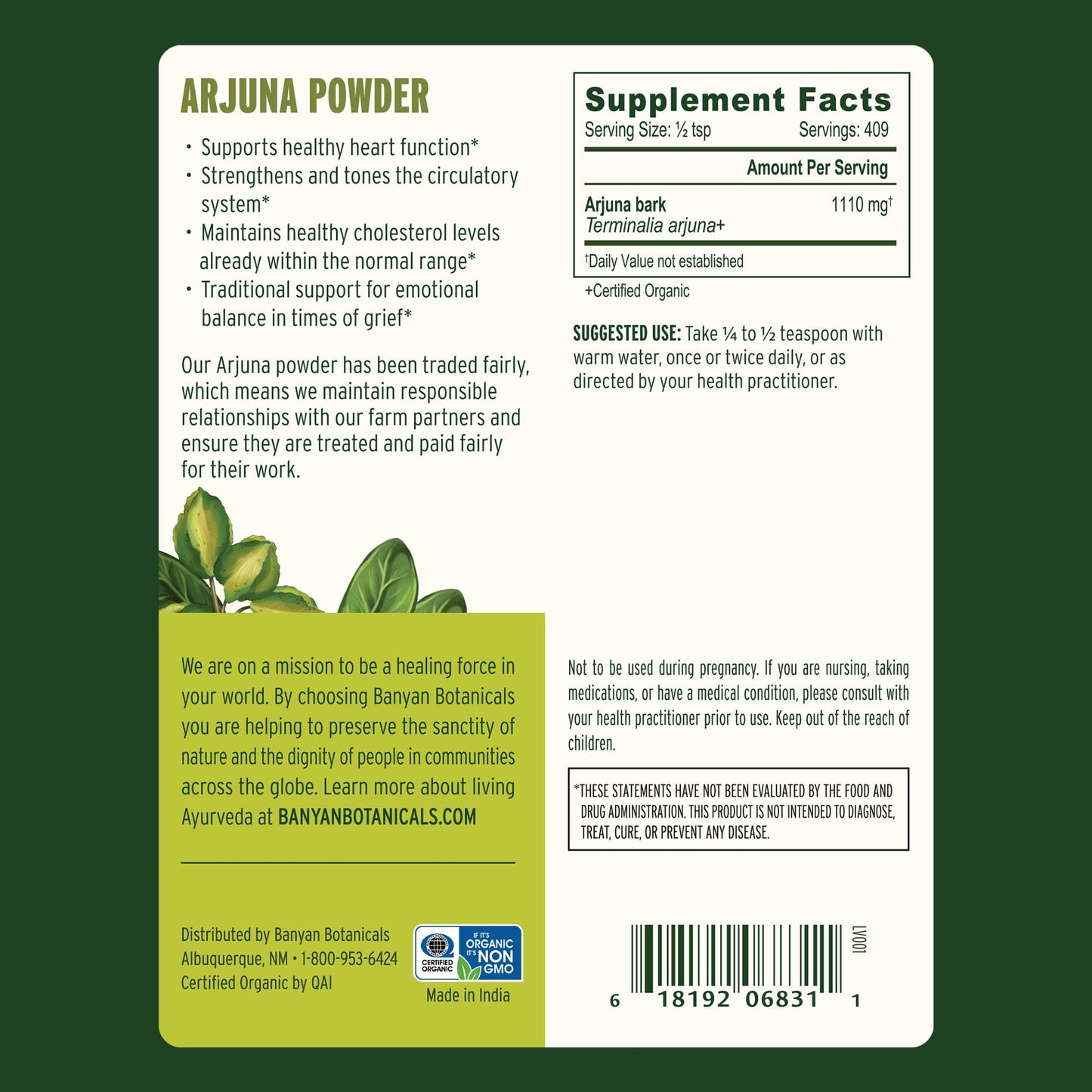 USA imported Banyan Botanicals Arjuna powder ingredients and product label