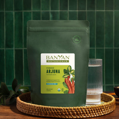 Back view of organic Arjuna bark powder one pound supplement packaging
