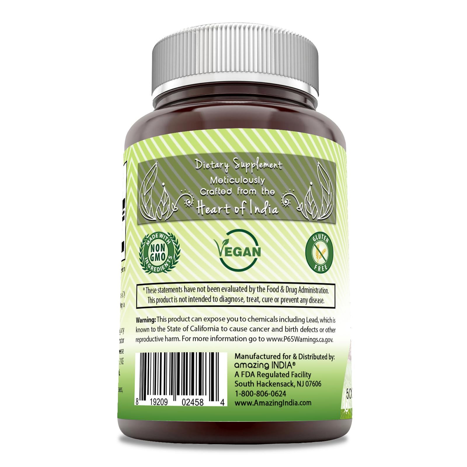 Side view of Amazing India Arjuna bottle showing supplement facts ingredient label and 500mg dosage details.
