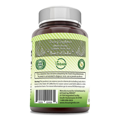 Side view of Amazing India Arjuna bottle showing supplement facts ingredient label and 500mg dosage details.