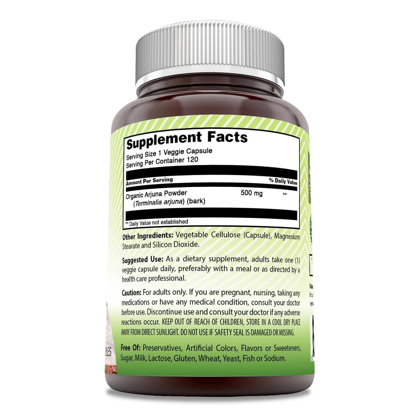 Back label of Terminalia Arjuna capsule bottle with dietary instructions and certified non-GMO symbols.