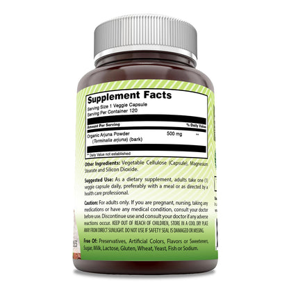Back label of Terminalia Arjuna capsule bottle with dietary instructions and certified non-GMO symbols.