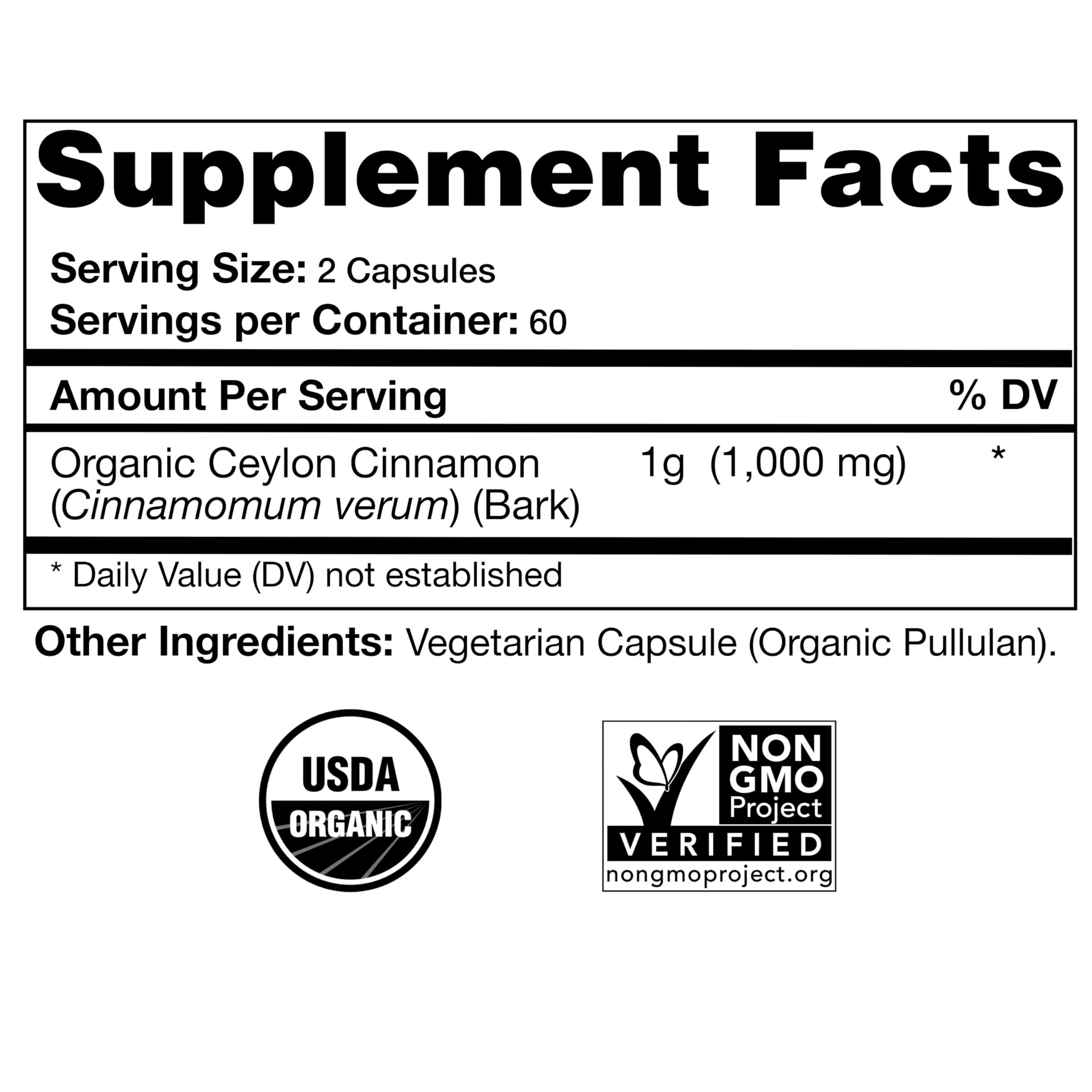 Natural Choice Botanicals Ceylon cinnamon supplement label showing USDA organic certification