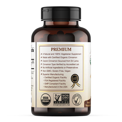 Natural Choice Botanicals organic cinnamon bottle with nutritional information label