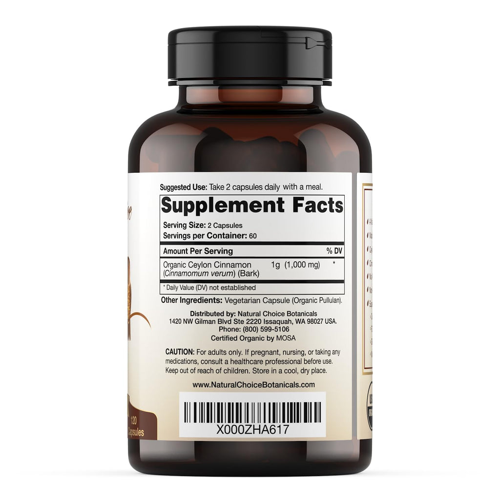 Natural Choice Botanicals 120 count Ceylon cinnamon capsules packaging
