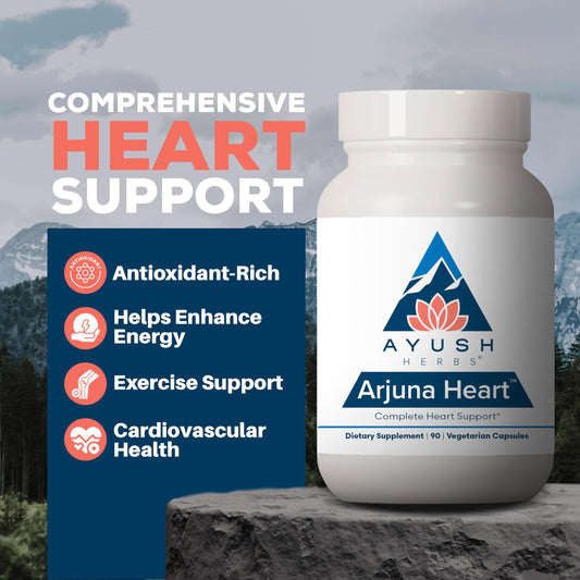 Ayush Herbs Arjuna Heart ninety vegetarian caplets packaging details with key ingredients.