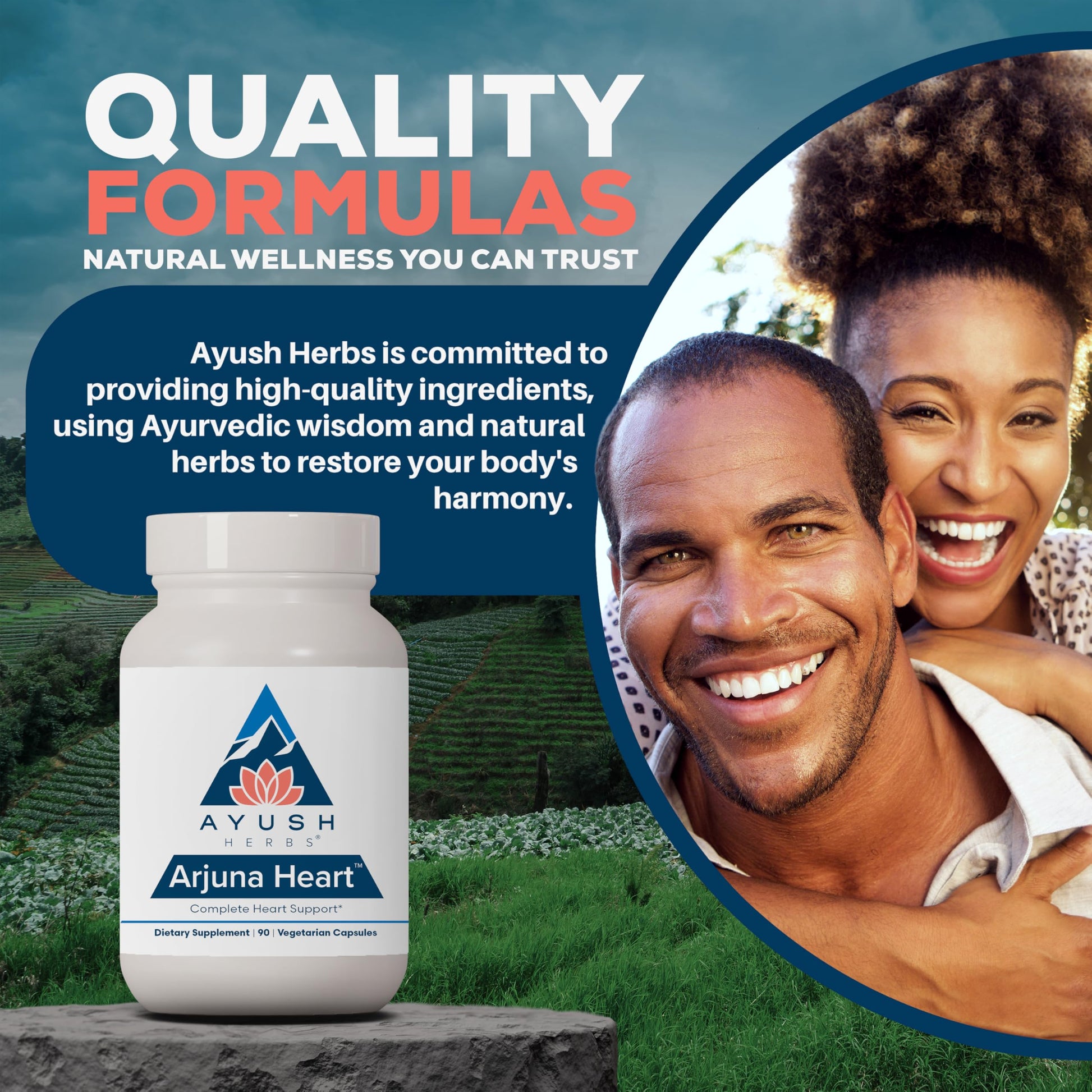 Top angle view of Ayush Herbs Arjuna Heart bottle containing ninety caplets.