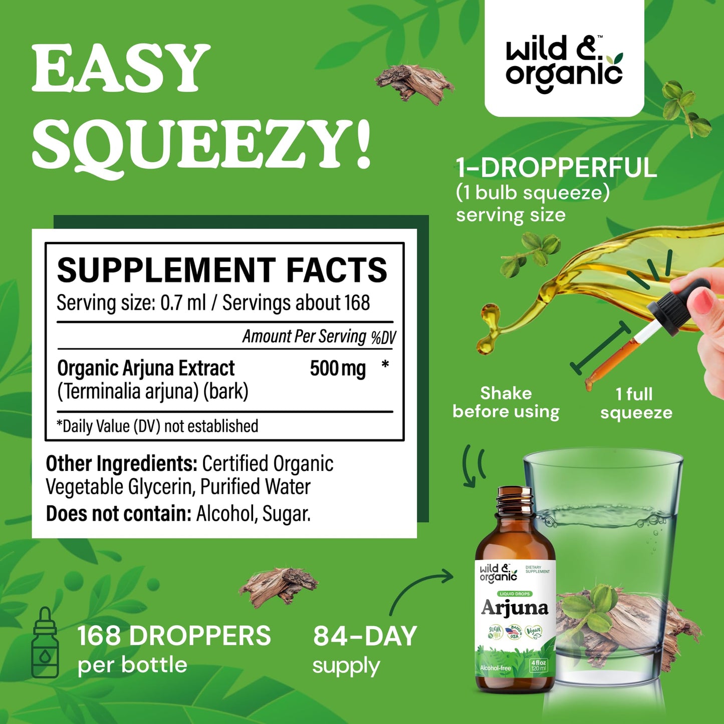 Dropper application of alcohol-free Wild and Organic Arjuna bark liquid extract.