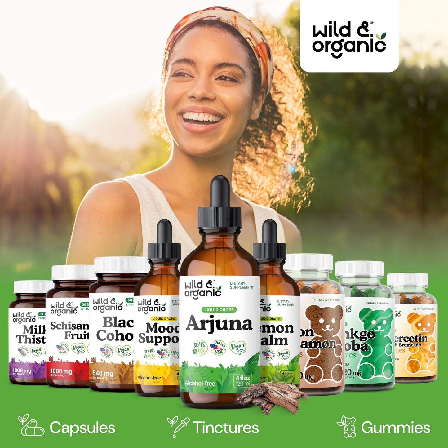 Four fluid ounce bottle of Wild and Organic Arjuna bark drops highlighting the eighty-four day supply.