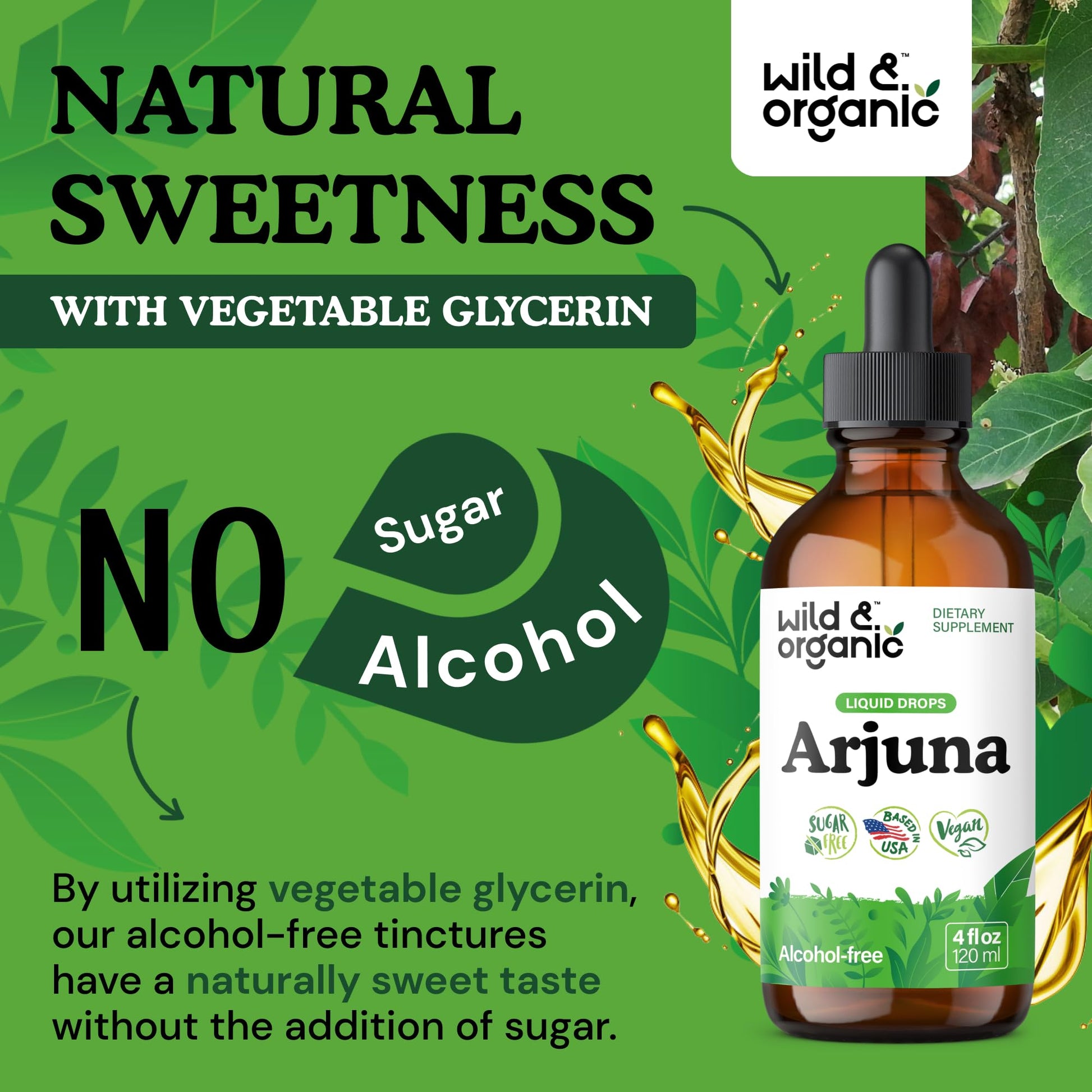 Authentic USA-imported Wild and Organic Arjuna extract liquid drops on a clean background.