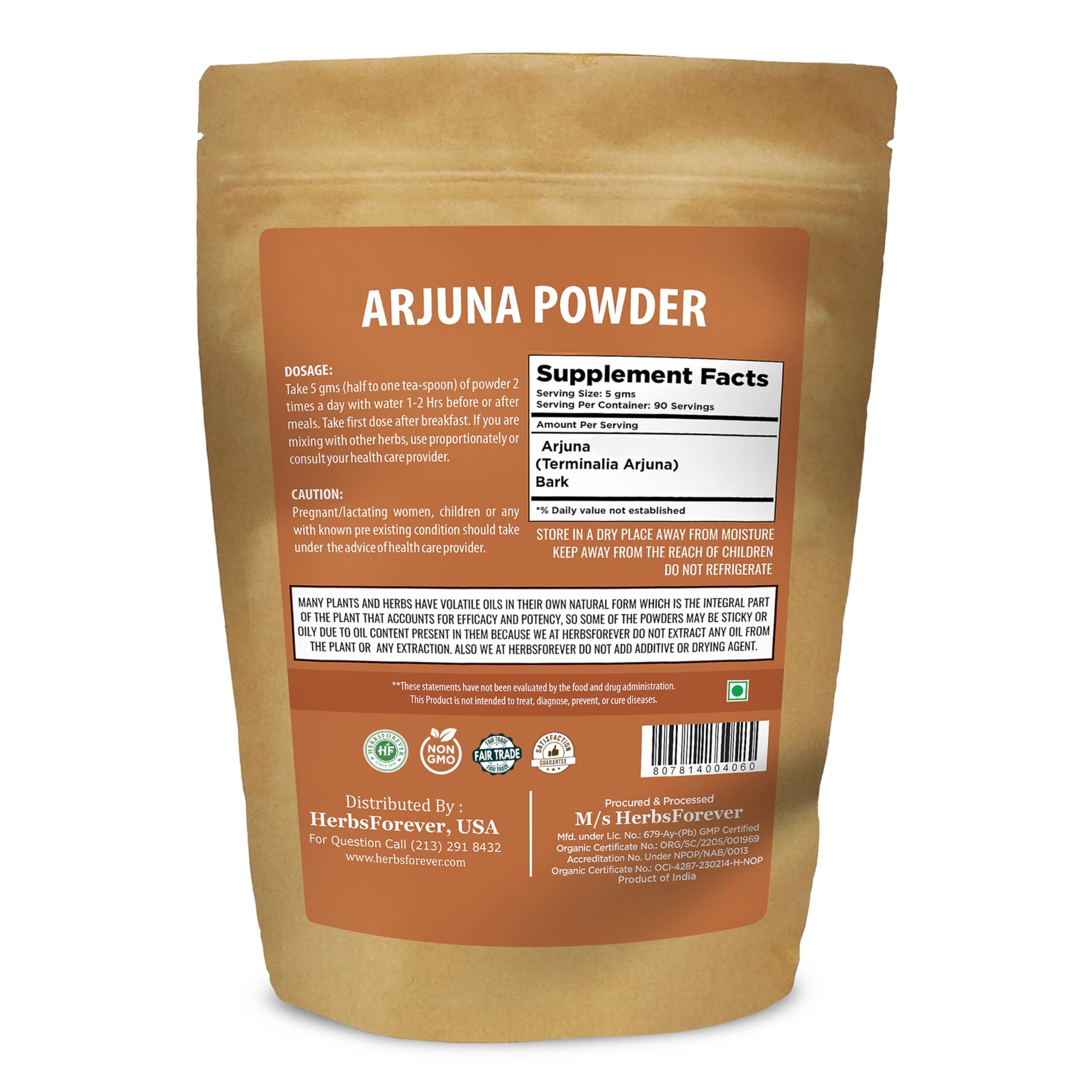Herbsforever Arjuna Powder 16 ounce supplement facts side panel