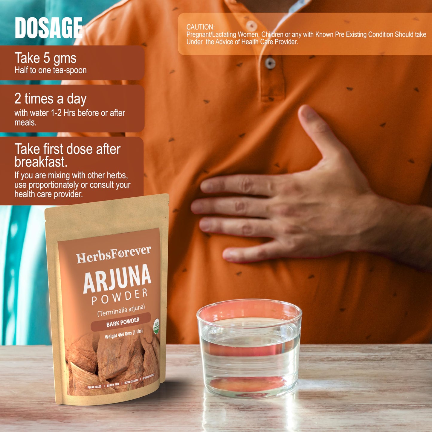 Herbsforever non-GMO vegan certified wild harvested arjuna bark powder packaging