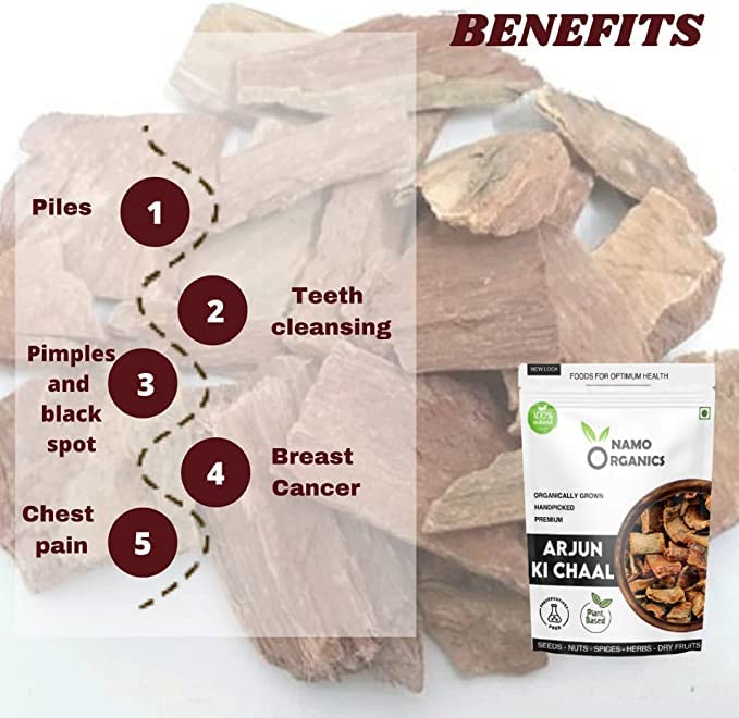Back label of PUB Organics Arjuna Bark supplement highlighting nutritional values and FSSAI guidelines.