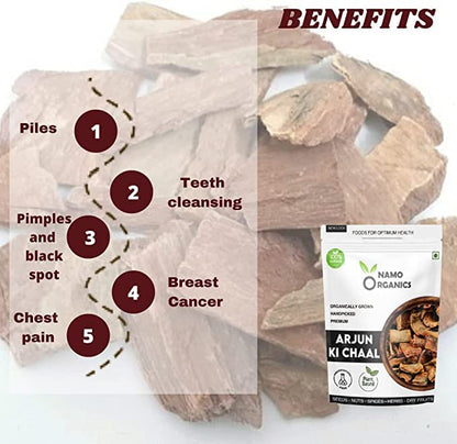 Back label of PUB Organics Arjuna Bark supplement highlighting nutritional values and FSSAI guidelines.
