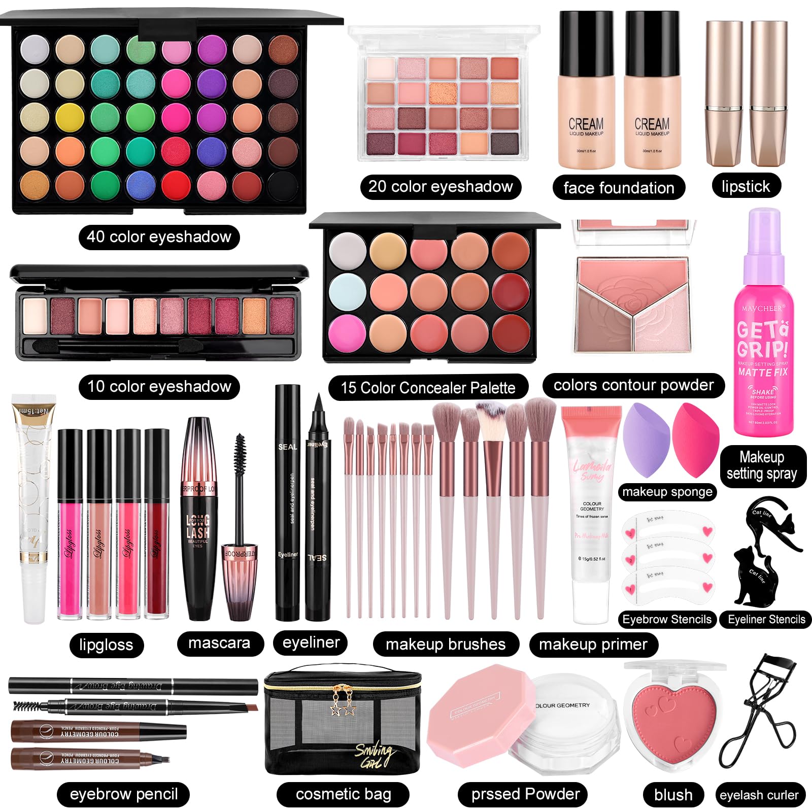 VESPRO complete cosmetic gift set displaying foundation bottles and lip glosses.