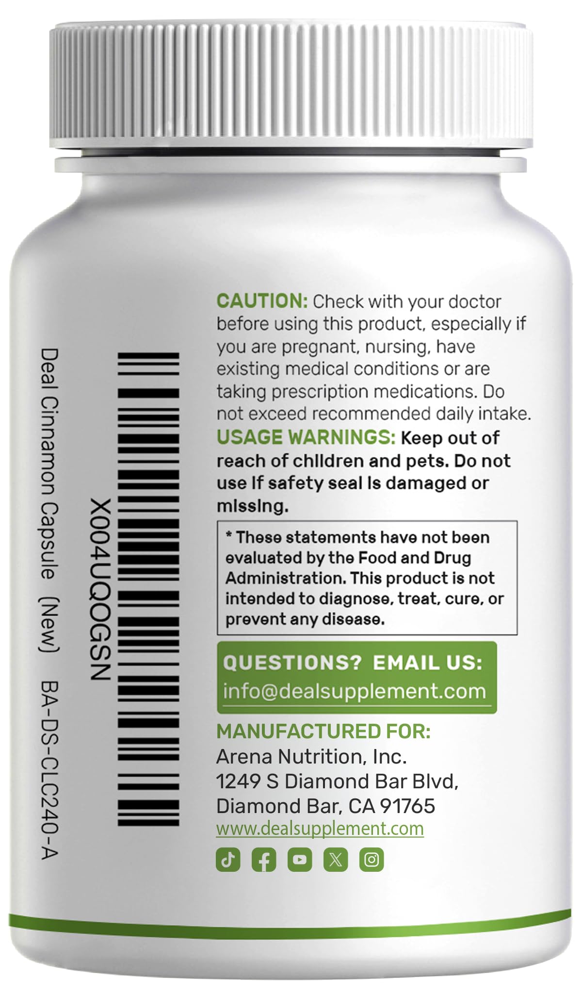 Deal Supplement Ceylon Cinnamon capsules bottle side view