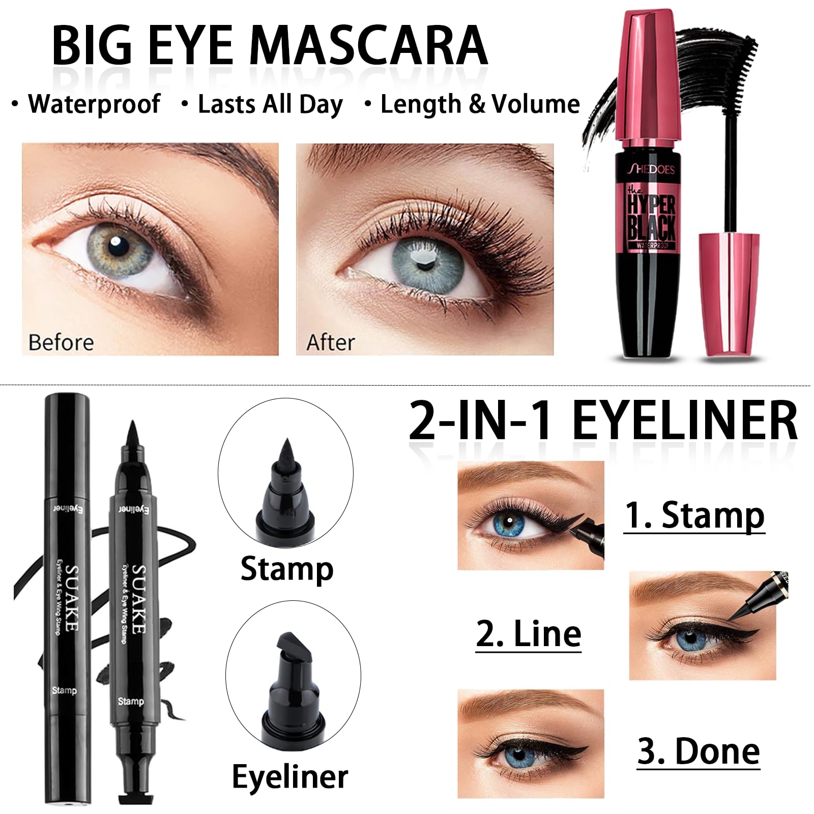 Geyomi beginner cosmetic kit highlighting the contour stick mascara and eyeliner tools.