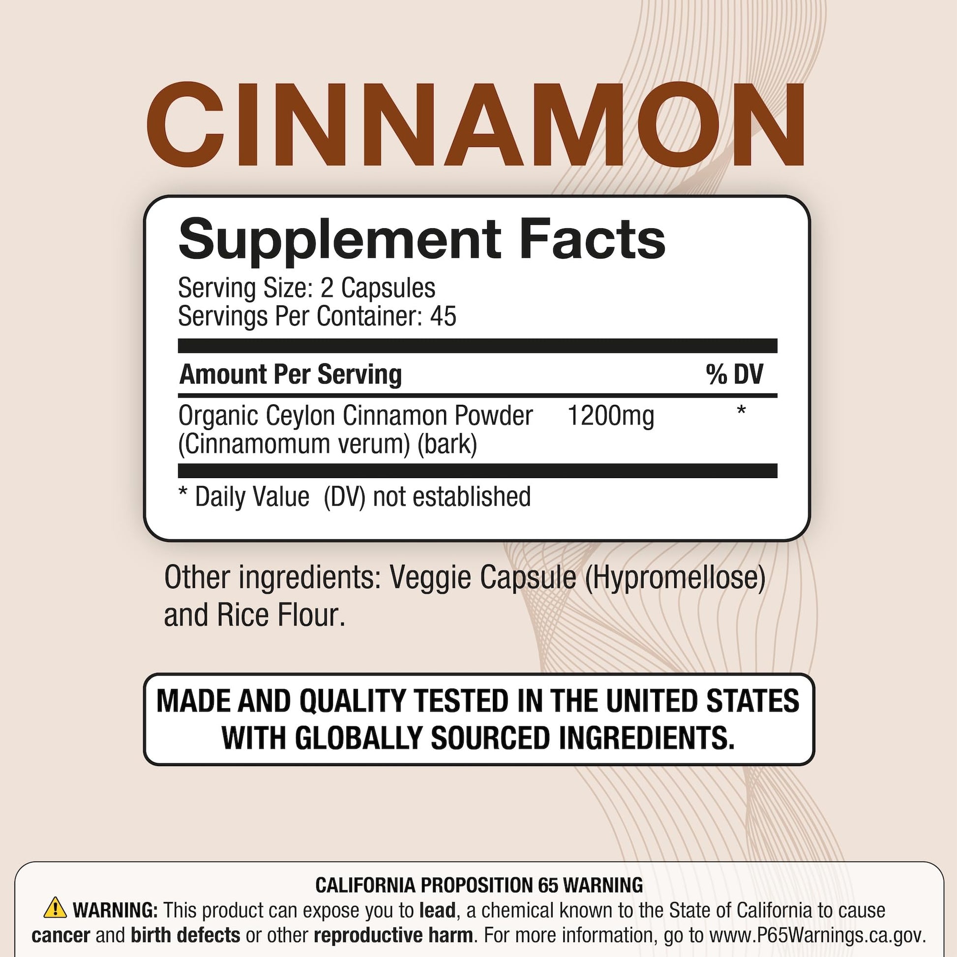 Puregen Labs Ceylon Cinnamon 1200mg supplement facts label