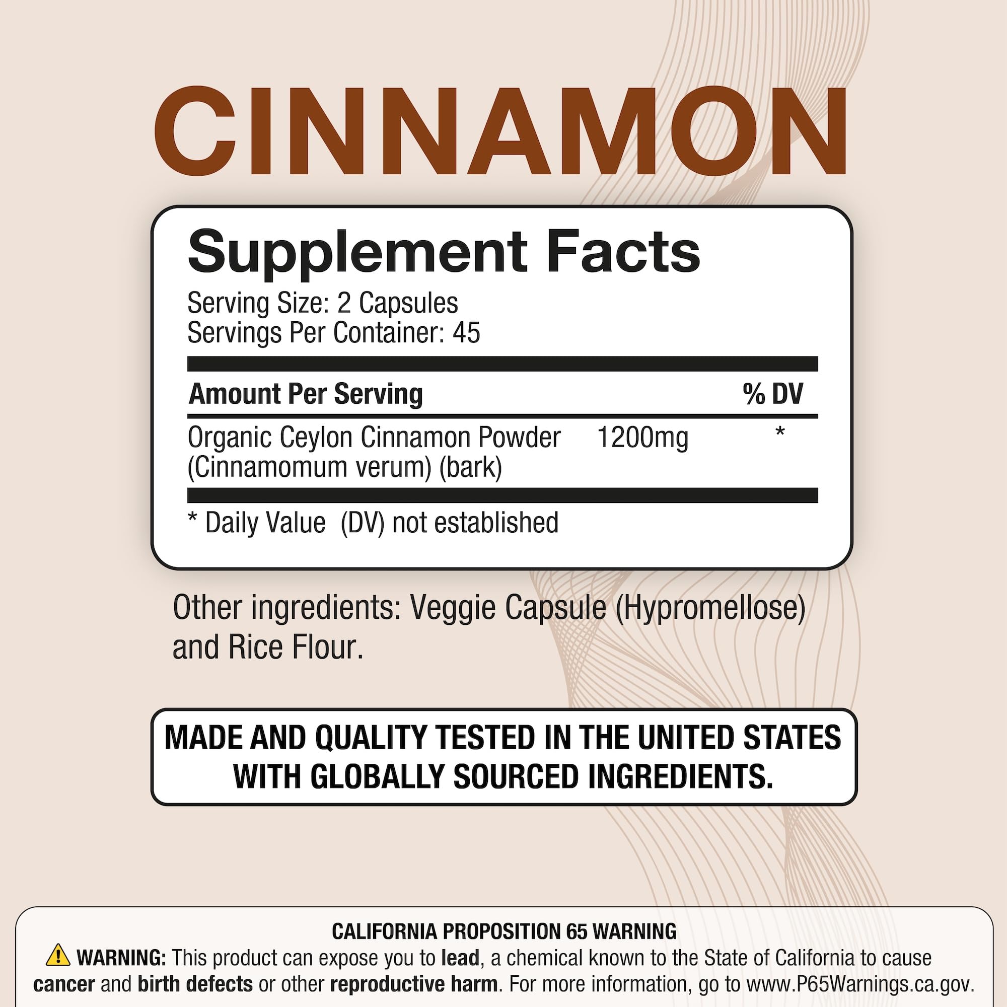 Puregen Labs Ceylon Cinnamon 1200mg supplement facts label