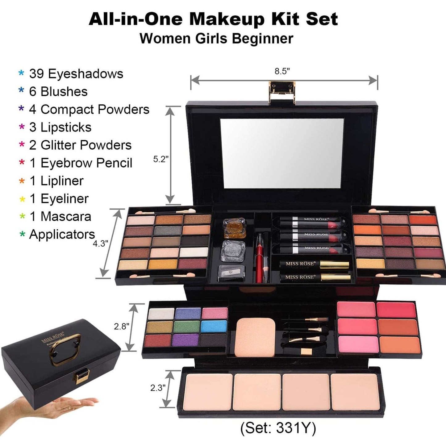 Miss Rose all-in-one makeup kit showing close up of 39 eyeshadow shades.