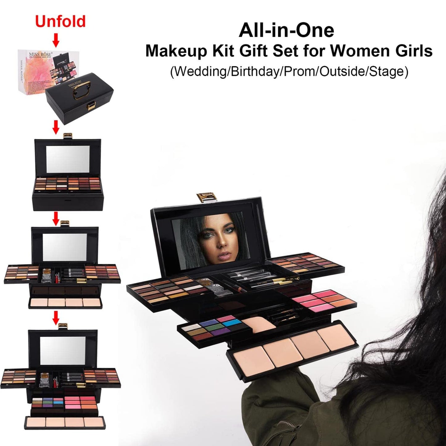 Miss Rose professional makeup pallet closed case view showing travel portability.