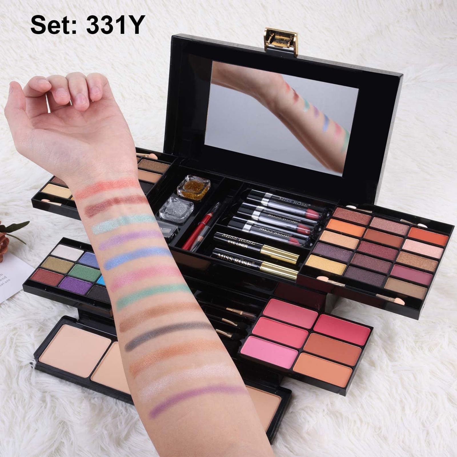 Miss Rose pigmented waterproof eyeshadow and face powder palette swatches.