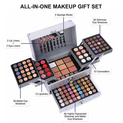 UNIFULL professional cosmetic set displaying the retractable tiers of matte and shimmer eyeshadow palettes