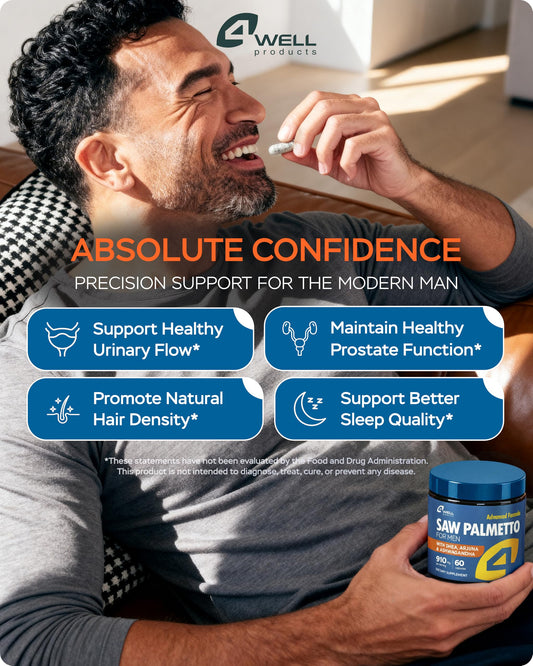 4Well Products Saw Palmetto supplement bottle showcasing the Made in USA verification seal.