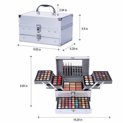 UNIFULL 132 colors makeup kit application view featuring the full size mirror and included brush tools