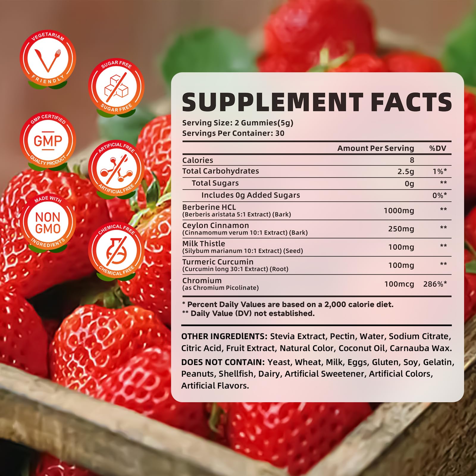 Close up of Novomins 1500mg Berberine gummy supplement label