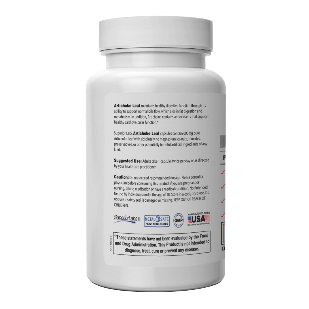Superior Labs Artichoke Leaf supplement bottle side view detailing the non-GMO organic formula ingredients.