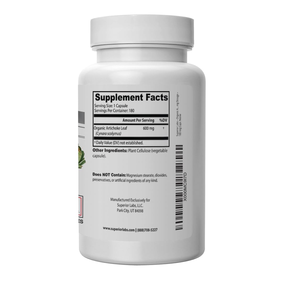 Back label of Superior Labs Artichoke Leaf 600mg showing dosage instructions and dietary certifications.
