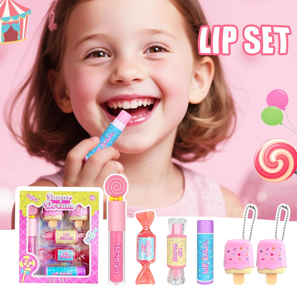 Close-up of the vitamin E-enriched ice cream scoop shaped lip glosses from the M&U MAKE YOU UP children's makeup set.