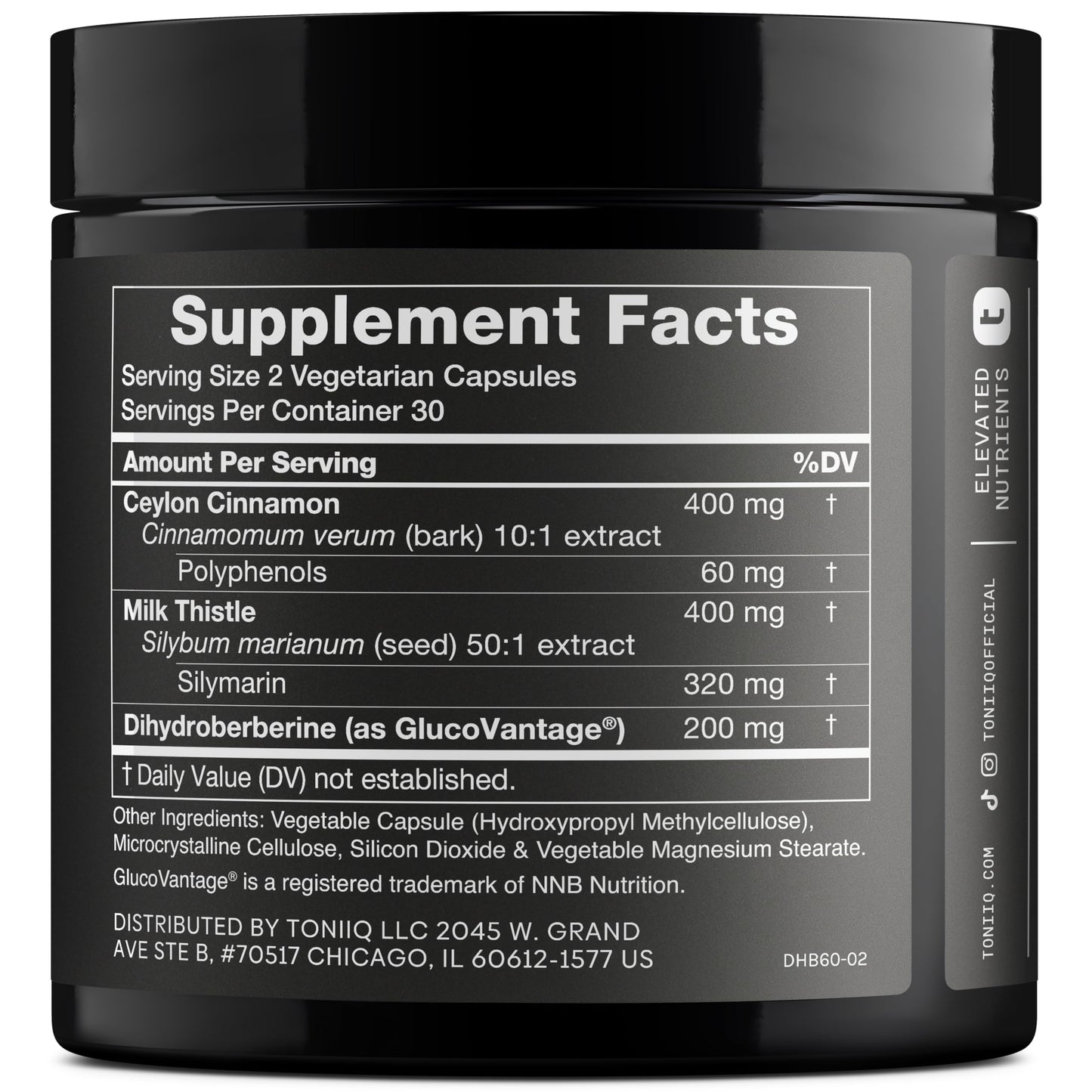 Toniiq Dihydroberberine supplement label showing GlucoVantage ingredients