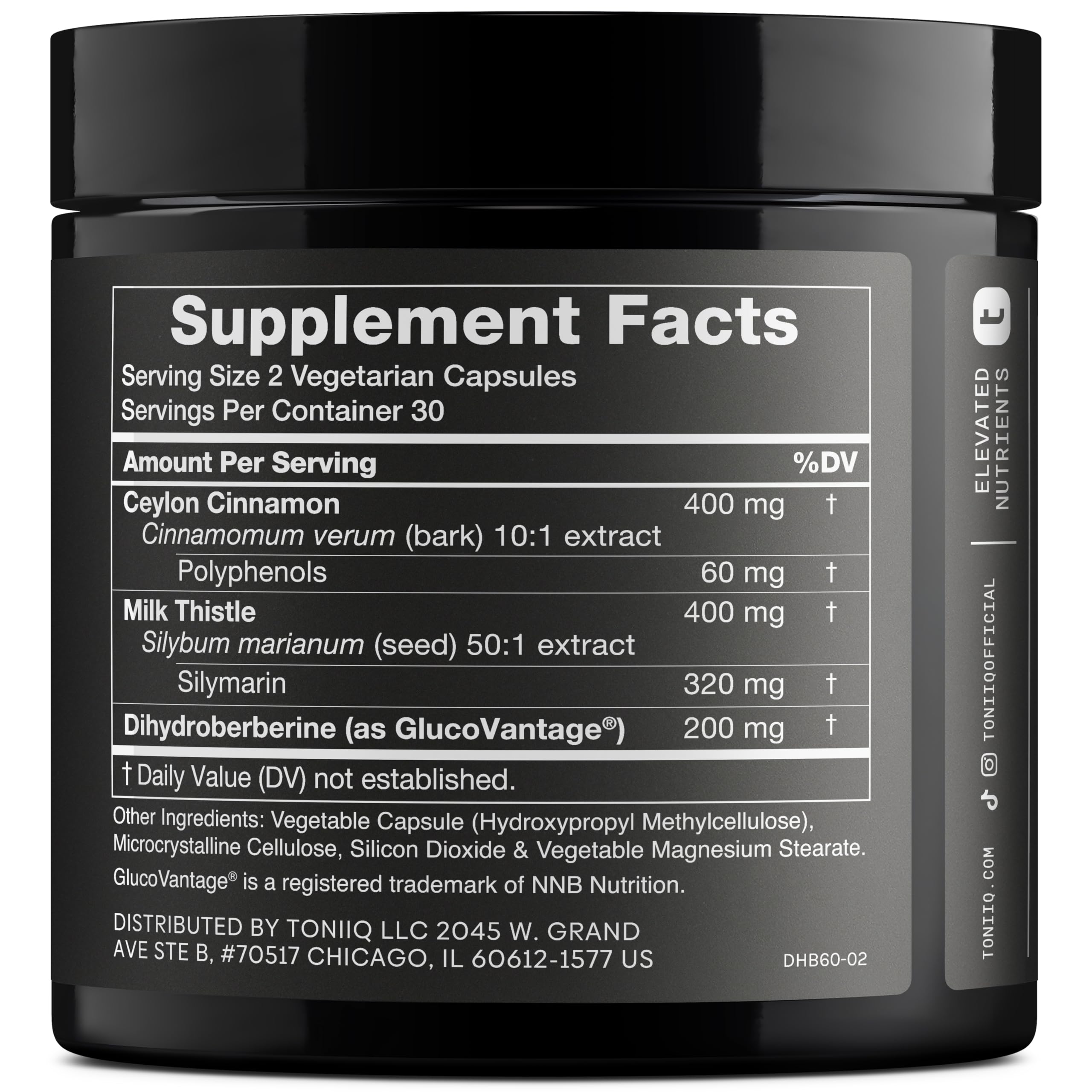 Toniiq Dihydroberberine supplement label showing GlucoVantage ingredients